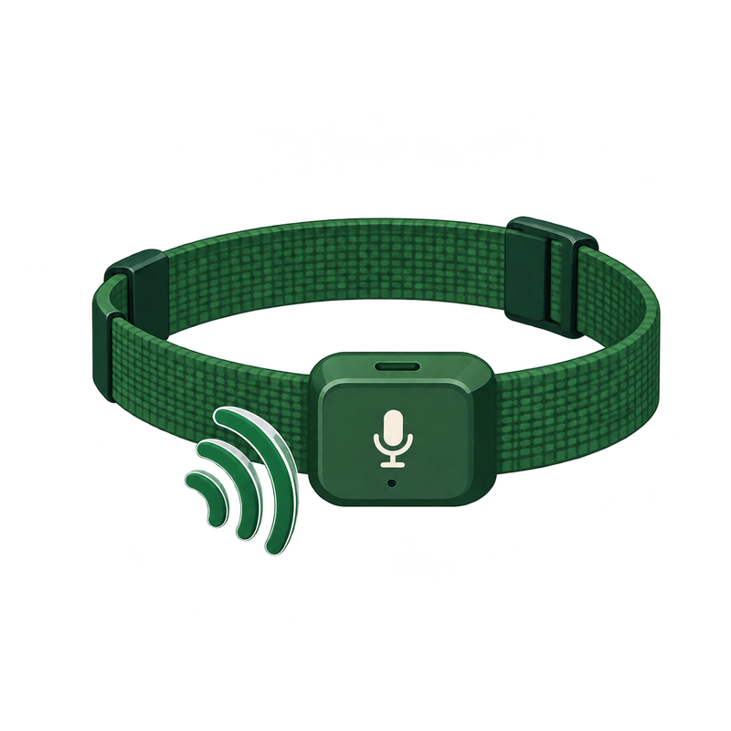 Grönt antiskällhalsband med mikrofon och ljudvågor.