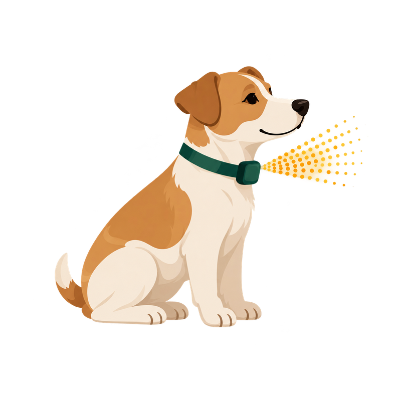 Liten hund med sprayhalsband och en lätt spraydimma.